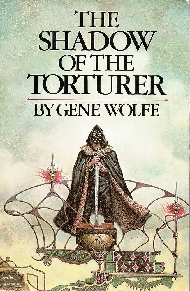 The Shadow of the Torturer book cover depicting figure in a black cloak holding a sword