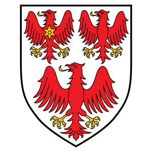 Queen's College coat of arms with three red eagles