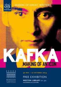 Kafka exhibition poster showing Kafka's face and the word Kafka in white writing over the top