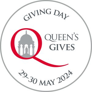 Giving Day logo: a grey circle with a red large letter Q and a grey illustration of the cupola inside. Text reads Giving Day, Queen's Gives, 29-30 May 2024