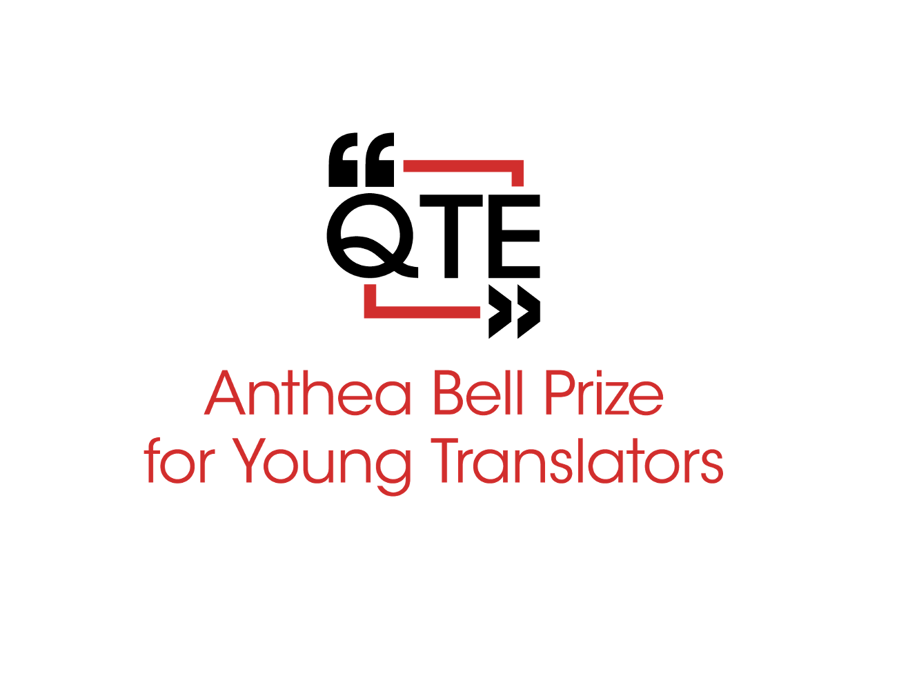 logo for Anthea Bell Prize with QTE in a red square with two kinds of quotation marks and the text 'Anthea Bell Prize for Young Translators' in red underneath