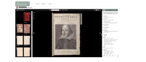 the front page of a Shakespeare First Folio on a black background with digital tools down the side