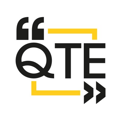 QTE logo with black letters QTE inside a yellow box with two types of speech marks on each side