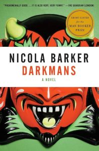 book cover for Darkmans with a lime green background and a bright red devil mask