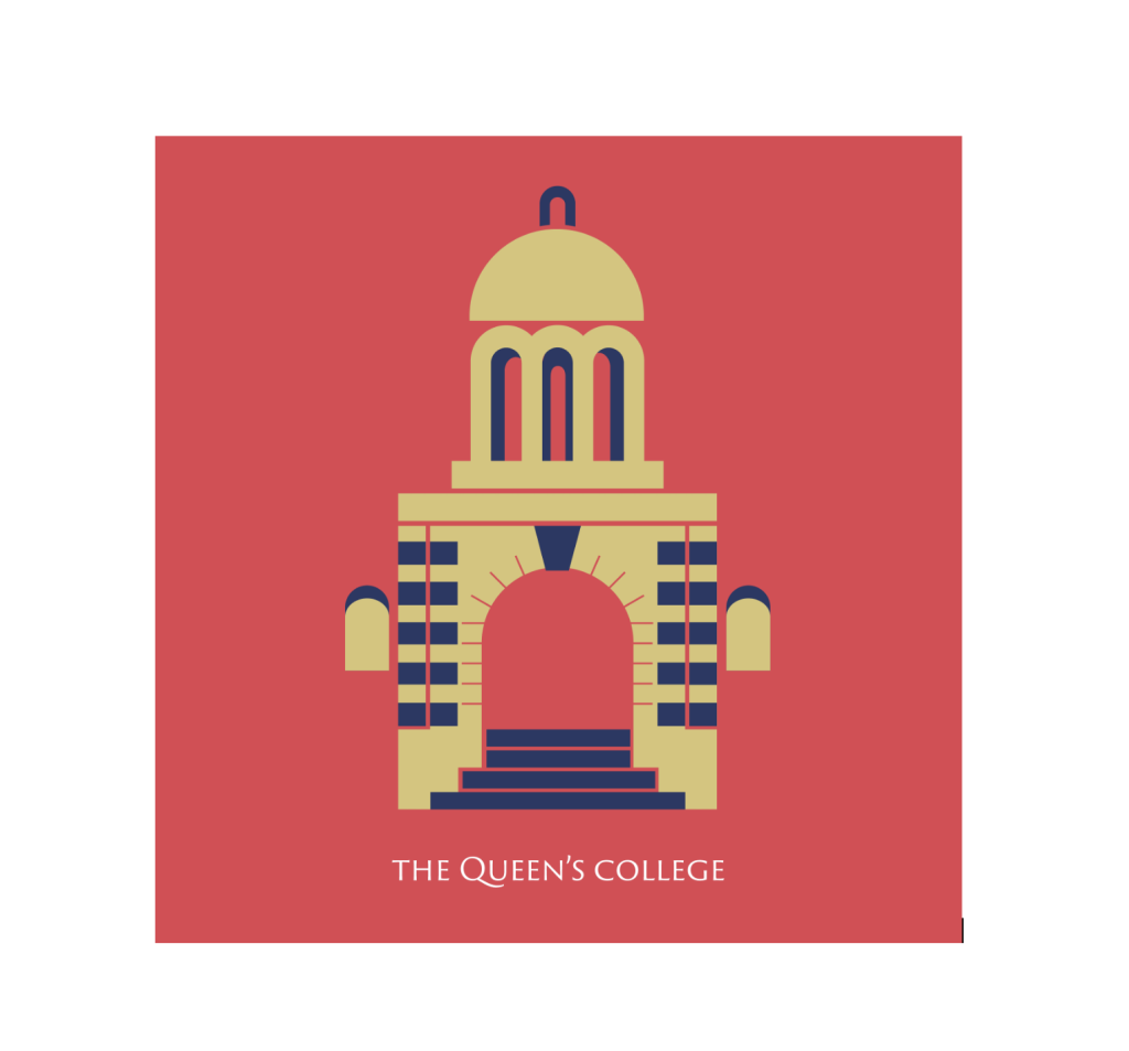 cover image for the Discover Queen's publication. There's a bright red background and a stylised drawing of the cupola and front door of the College in gold with navy blue detail. The text reads: 'The Queen's College'