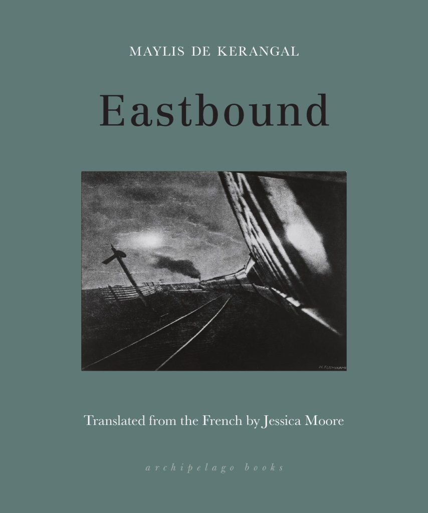 Eastbound book cover with dark green background and a black and white photo taken from a train window showing the back of the train as it curves around the bend