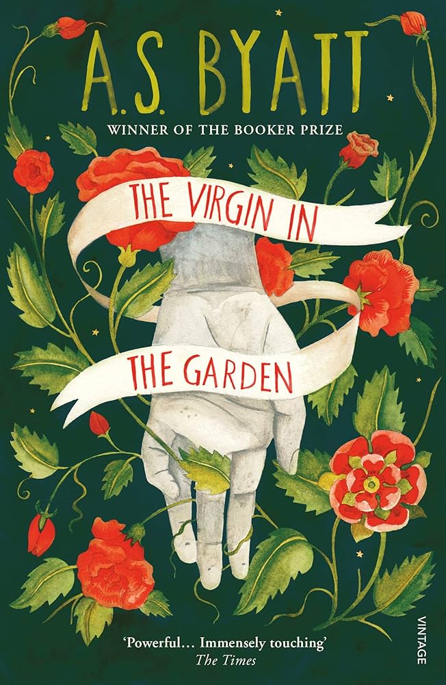 The Virgin In The Garden Book Cover showing a disembodied hand among flowers and foliage