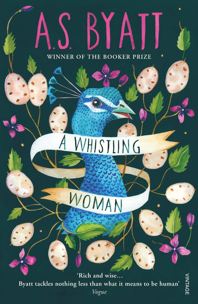 Whistling Woman Book Cover showing a peacock head surrounded by pink flowers and seedheads