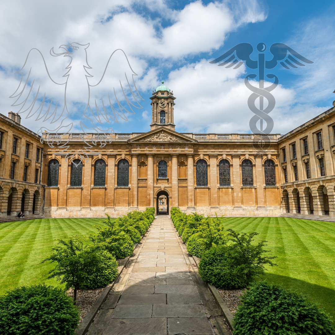 a photograph of the Front Quad with green lawns and blue skies. against the sky there are two grayscale motifs, the one on the left is the eagle from the College's coat of arms and the one on the right is the Caduceus Medical Symbol