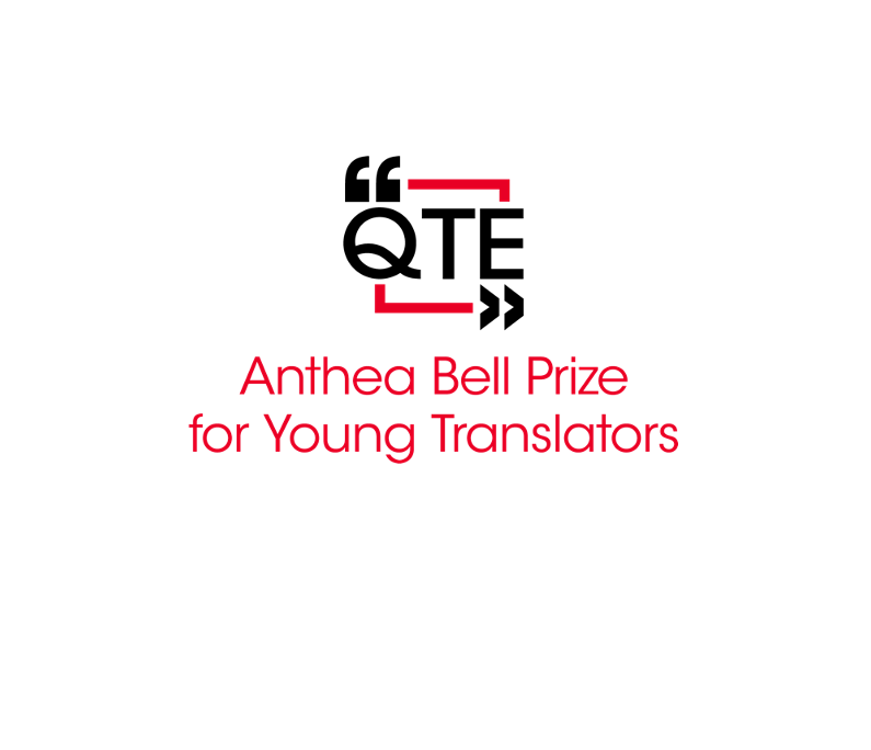 The QTE logo which is a red open box shape with black capital letters QTE and two kinds of quotation marks at the edges. Underneath there's red text saying 'Anthea Bell Prize for Young Translators'