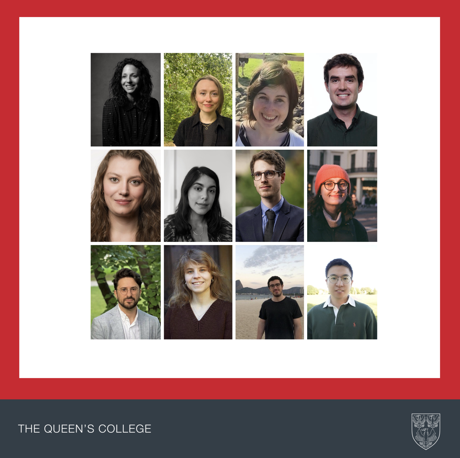 a 12-photo grid of people photos, one for each academic mentioned in the news item. The photo grid has a red border with a grey footer containing the Queen's College name and coat of arms in white.