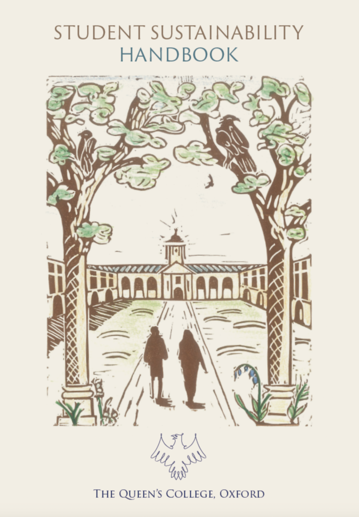 front cover of the Student Sustainability Handbook featuring a linocut illustration of the Front Quad with two figures walking towards the clock tower and two trees in place of the stone columns