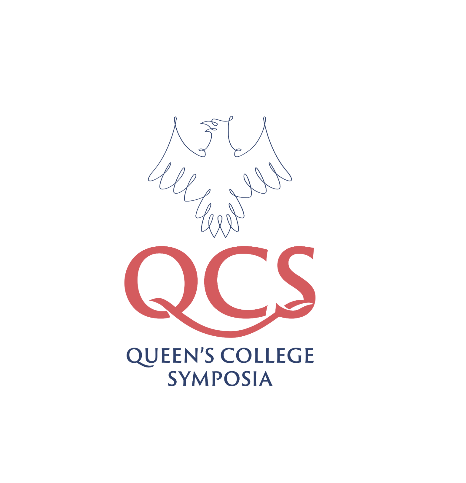 QCS logo with line drawing eagle and the letters QCS underneath in red and connected by part of the letter Q. The text under that reads Queen's College Symposia