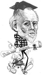 A black and white caricature of Bailey Carrodus which shows him in a mortarboard carrying a scroll of paper on which the words Ph.D winemaking are visible.