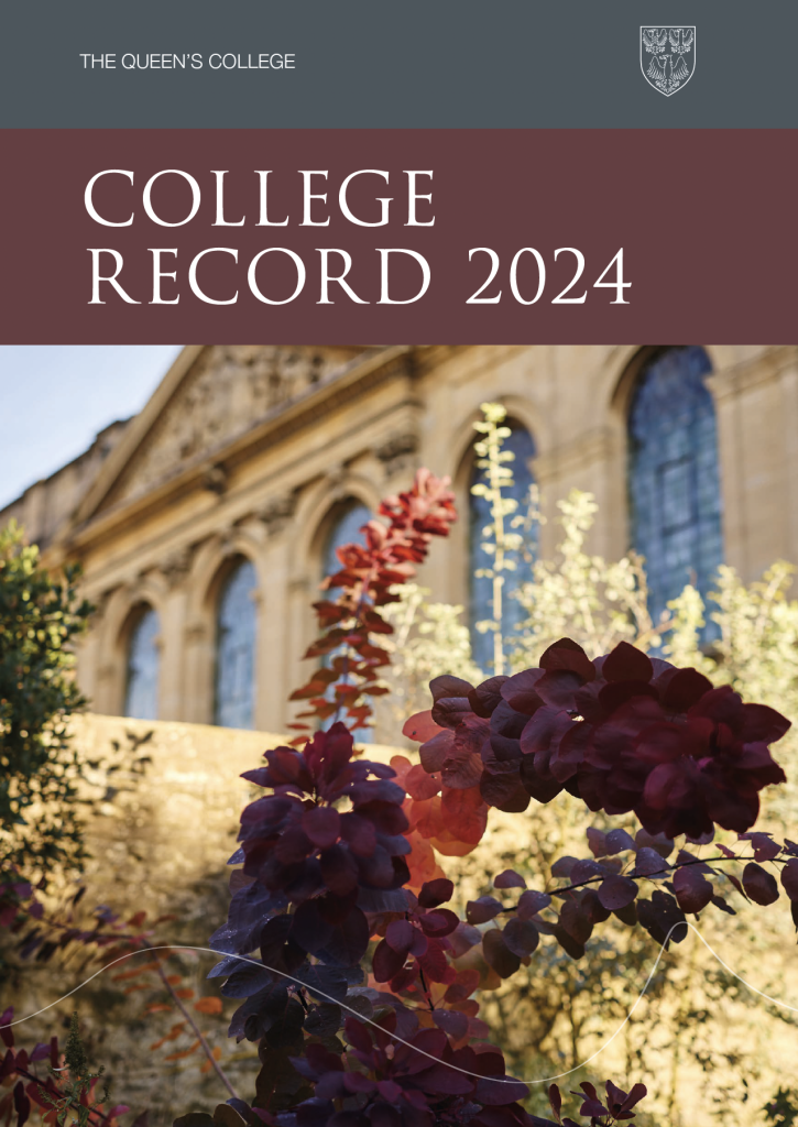 front cover of 2023 College Record with dark burgundy banner and white text that says 'College Record 2024' with a photograph of the smoke bush in the Fellows' Garden underneath that shows the library building in the background