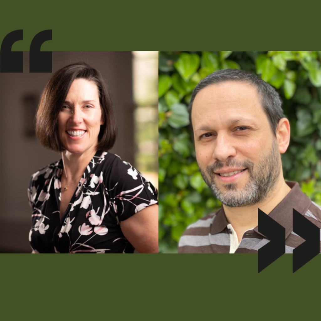 Michelle Geoffrion-Vinci and Lawrence Schimel profile photos on a dark green background with black quotation marks from the QTE logo in each diagonal corner