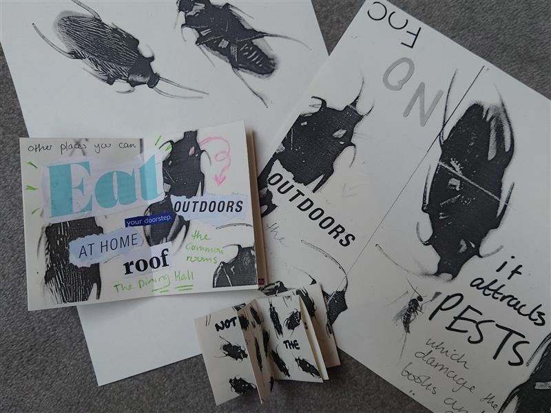 The zine-making efforts from the Library staff showing bug-patterned paper and the text 'no food, it attracts pests, eat outdoors, at home, the dining hall'